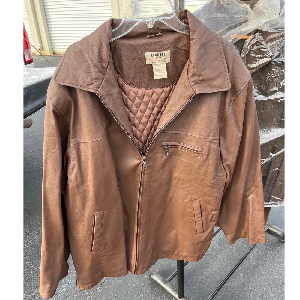 Duke Haband Leather Jacket Mens XL‎ Brown Quilted Lining Zip Front Outerwear